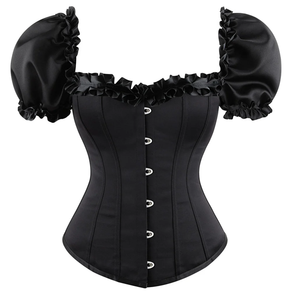 

Women Black Sexy Corset Top Puff Short Sleeve Lace Up Body Shaper Overbust Burlesque Bustier Vintage Victorian Fashion Corselet