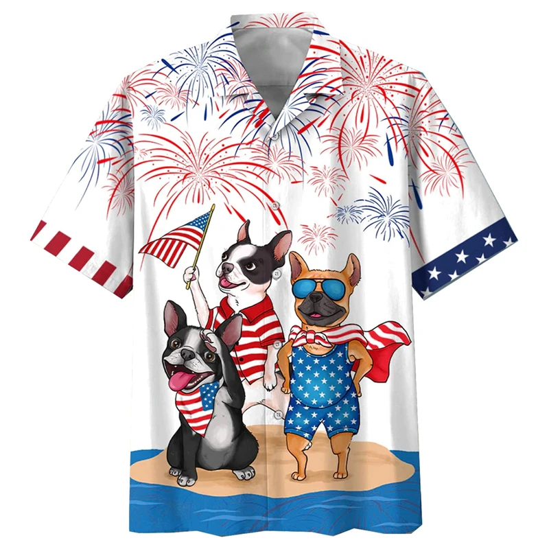 

Fashion USA Flag 3D Printed Shirts For Men Clothing Funny Animal Dog Graphic Short Sleeve Hawaiian Beach Shirts Vacation Y2k Top