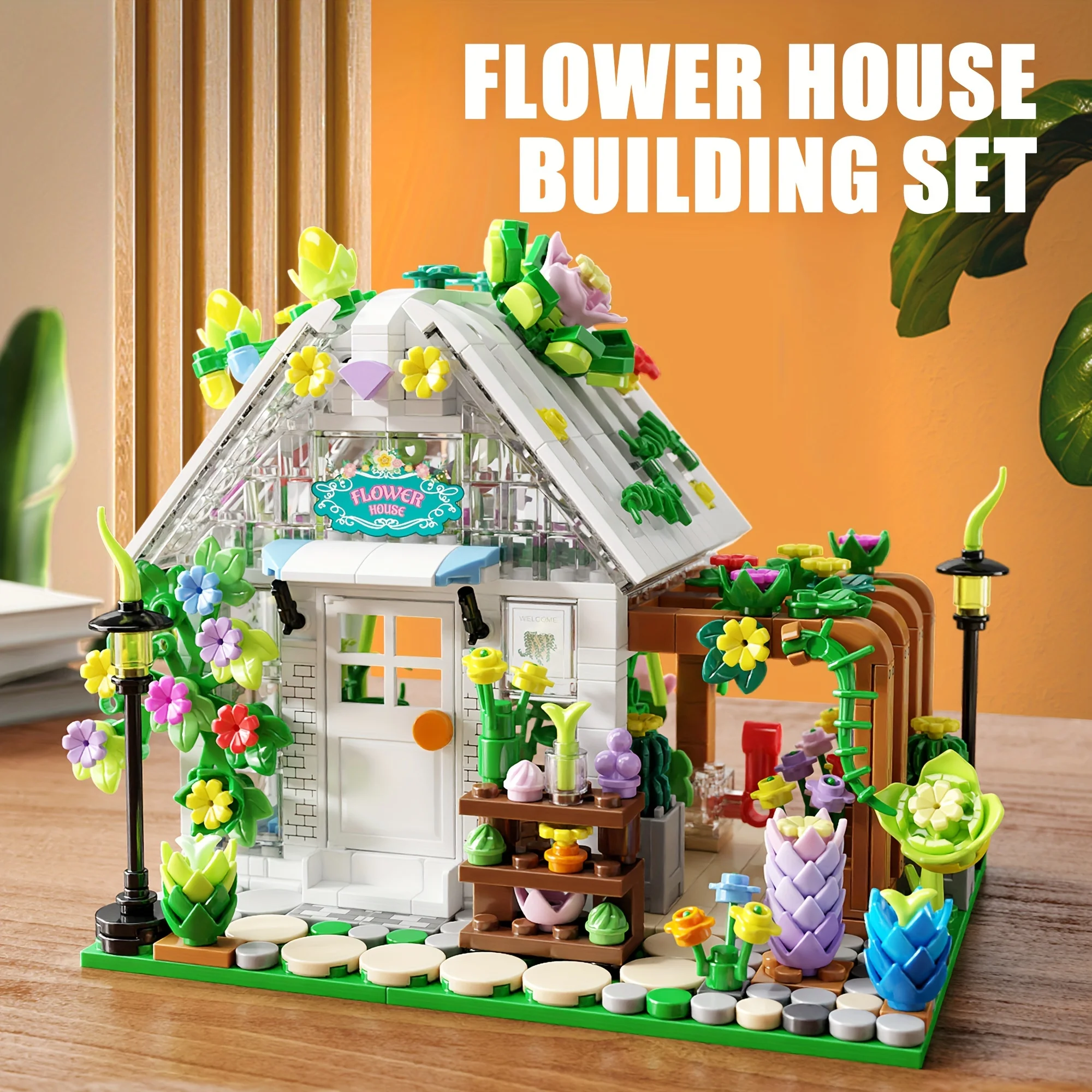 

719pcs Flower House Street Scene Model with Light Building Block Set Creative Desktop Ornament Hobby Collector Halloween