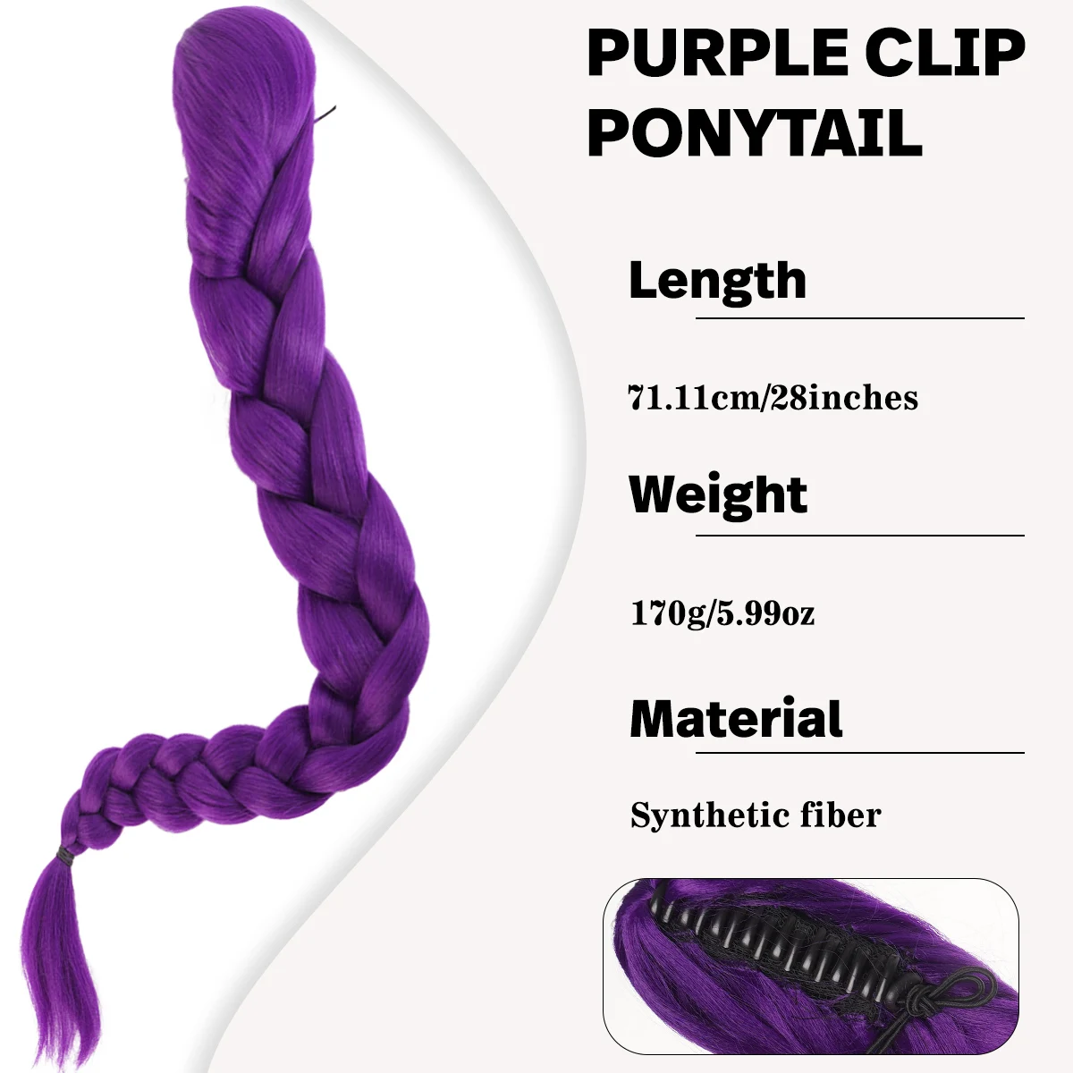 Braided synthetic purple ponytail wig fake ponytail hair extension wig sandwiched at the end of a woman's hair
