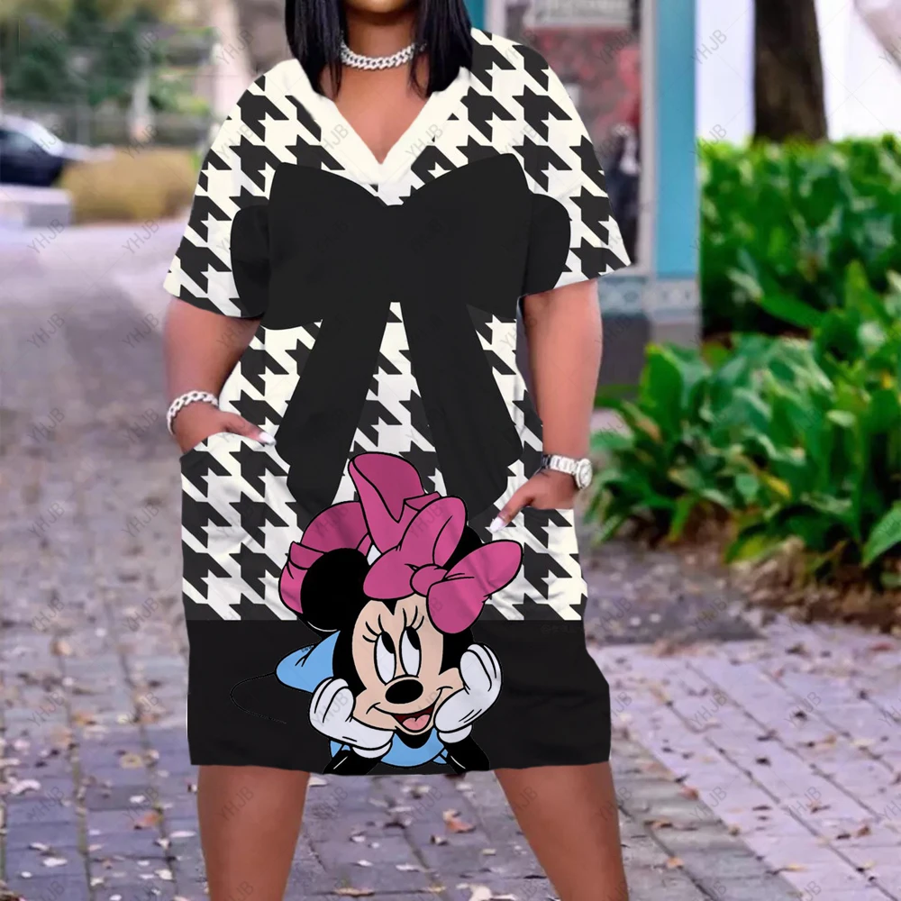 Robe ample à imprimé Disney Minnie 3D pour femmes, vêtement à la mode, col en v, au genou, décontracté, nouvelle collection