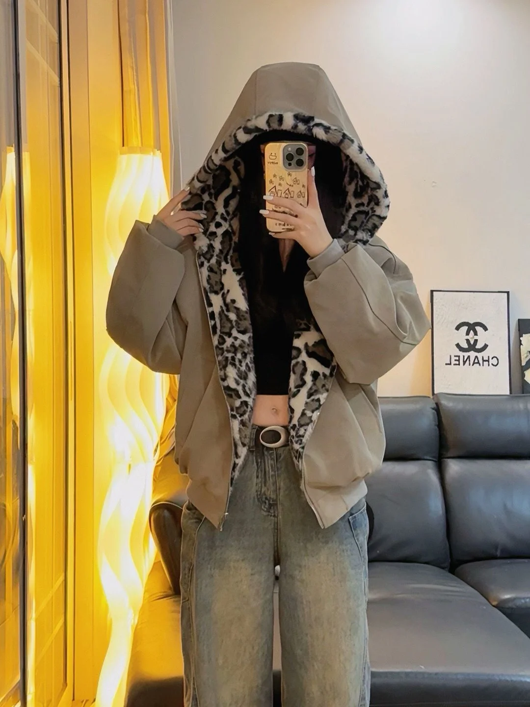 

Double-Sided Wear PU Leather Cotton Jacket with Fleece And Leopard Print for Men And Women Short American Style Hooded...