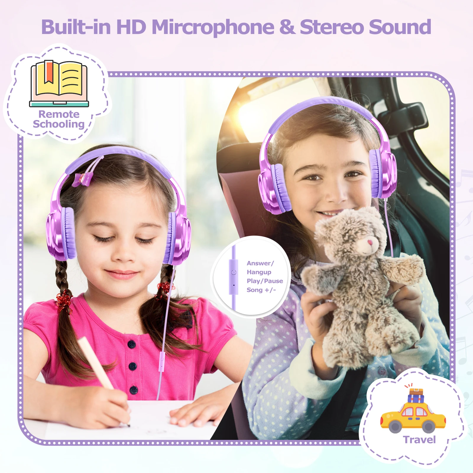 Детские проводные наушники с микрофоном, наушники для девочек, регулируемая стереогарнитура, детские наушники для путешествий, школьные подарки для детей