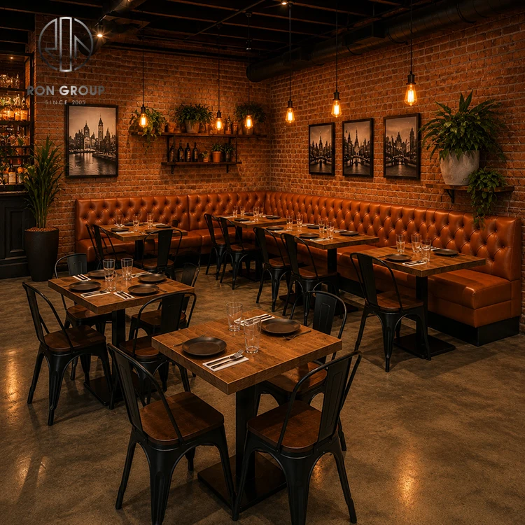 Ron Group Durable Restaurant Set L Shape Tufted Leather Booth Seating Square Wood Table Metal Chair Customized Furniture
