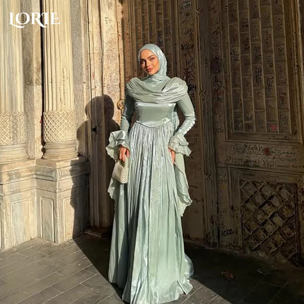 

LORIE Modest Crepe Evening Dress Pleats Puff Long Sleeve Floor Length Prom Dresses Ruched Illsion Arabia Party Gowns Customized