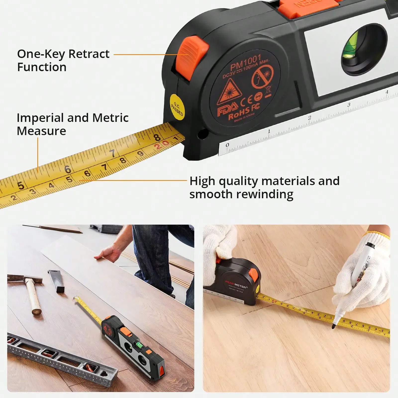 Laser Level Multipurpose Cross Line Laser 9.8 feet Measure Tape Ruler Adjusted Standard for Hanging Tile Walls Pictures Cabinets