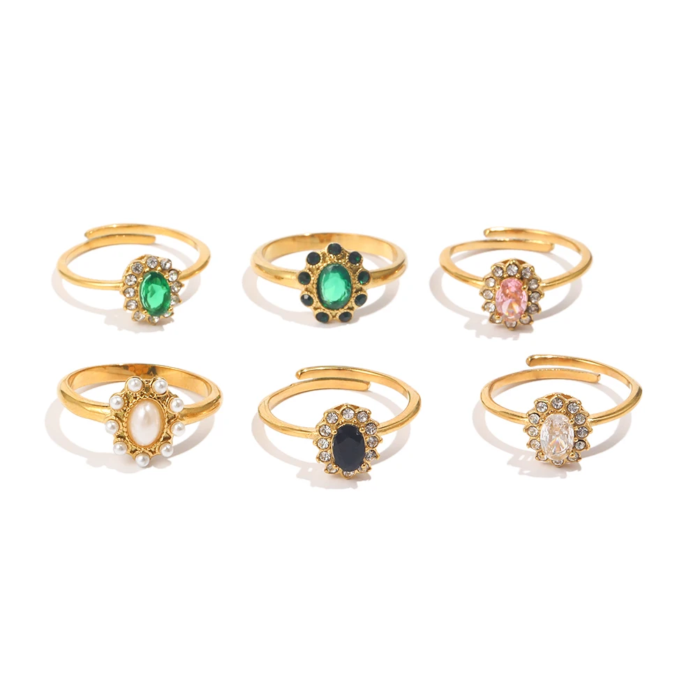 E.B.belle Oval Floral Shape Cubic Zirconia Green Black Clear Stone Rings For Party Adjustable Stainless Steel Rings For Women