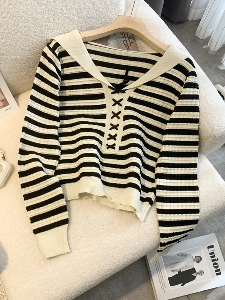 

2023 Spring Clothes New Sweet Knitted Top Women Fashion Sailor Collar Strap Knit Sweaters Female Chic Knitwear