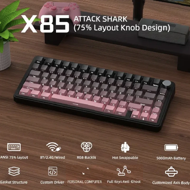 

Лидер продаж, игровая клавиатура ATTACK SHARK X85, беспроводная с Meta Knobs, RGB, Bluetooth, трехрежимная механическая клавиатура с возможностью горячей замены