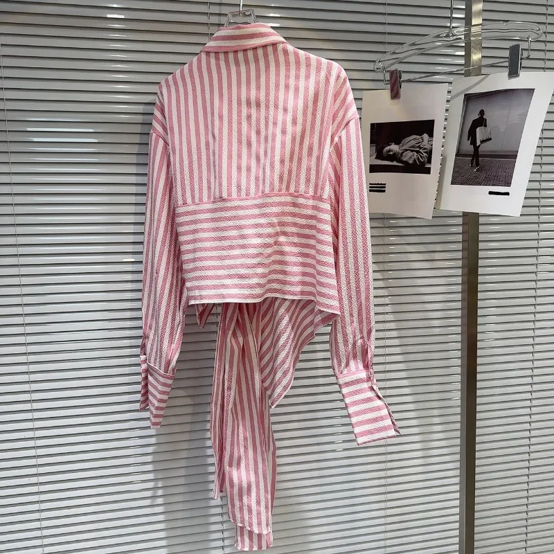 여성 빈티지 스트라이프 레이스 업 비대칭 디자인 셔츠 옷깃 긴 소매 세련된 블라우스 봄 한국 패션 캐주얼 슬림 피트상의