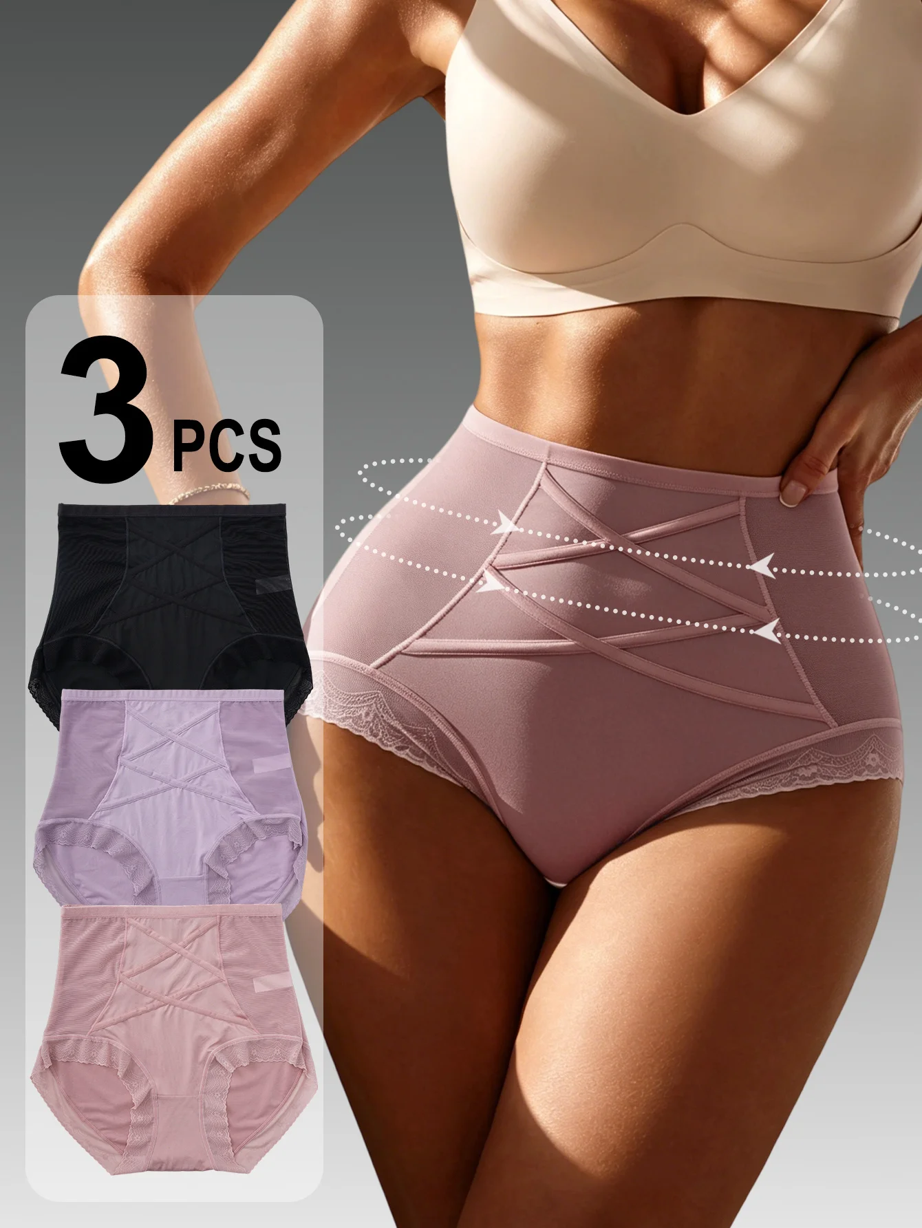 3er-Pack Damen-Slips mit hoher Taille, Bauchkontrolle und Po-Lifting-Effekt, bequeme, atmungsaktive Mesh-Unterwäsche mit hoher Elastizität