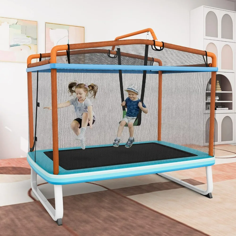 6Ft Rectangle Trampoline with Swing, ASTM Approved Mini Kids Trampoline with Net, Indoor Outdoor Small Recreational Trampoline