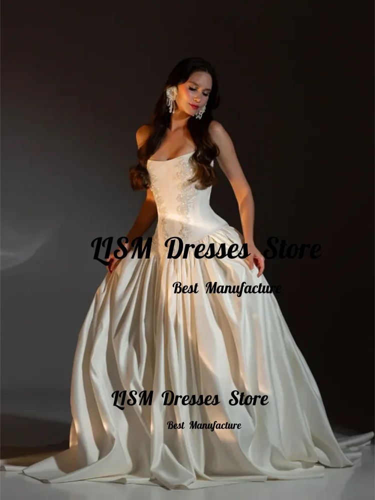 Lism Customized Satin Wedding Dress For Lace Detail Bodice Bridal Dress With Flowing Ballgown Skirt Bridal Gown For Bridal Event
