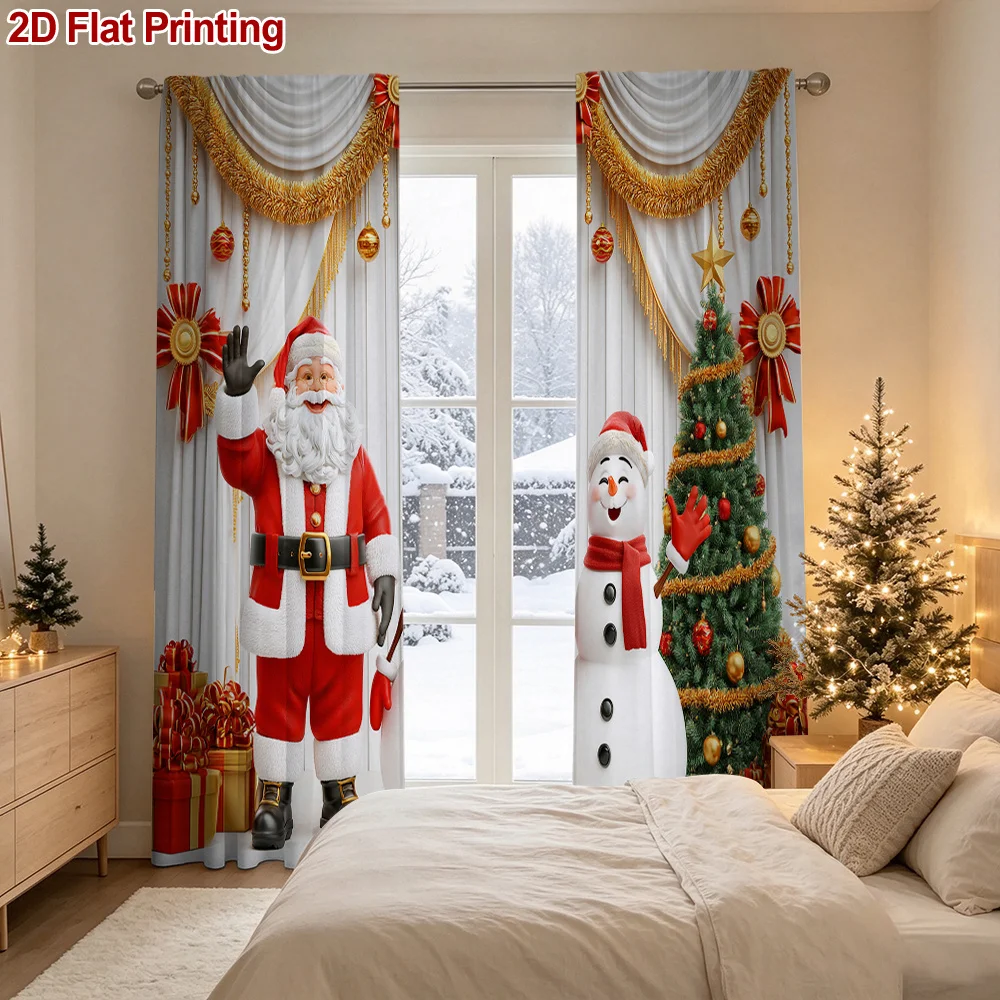 2PCS Christmas Curtains, Santa Snowman Tree Valance Bow, Digital Print, Bedroom Living Room, Rod Pocket Polyester, Home Decor