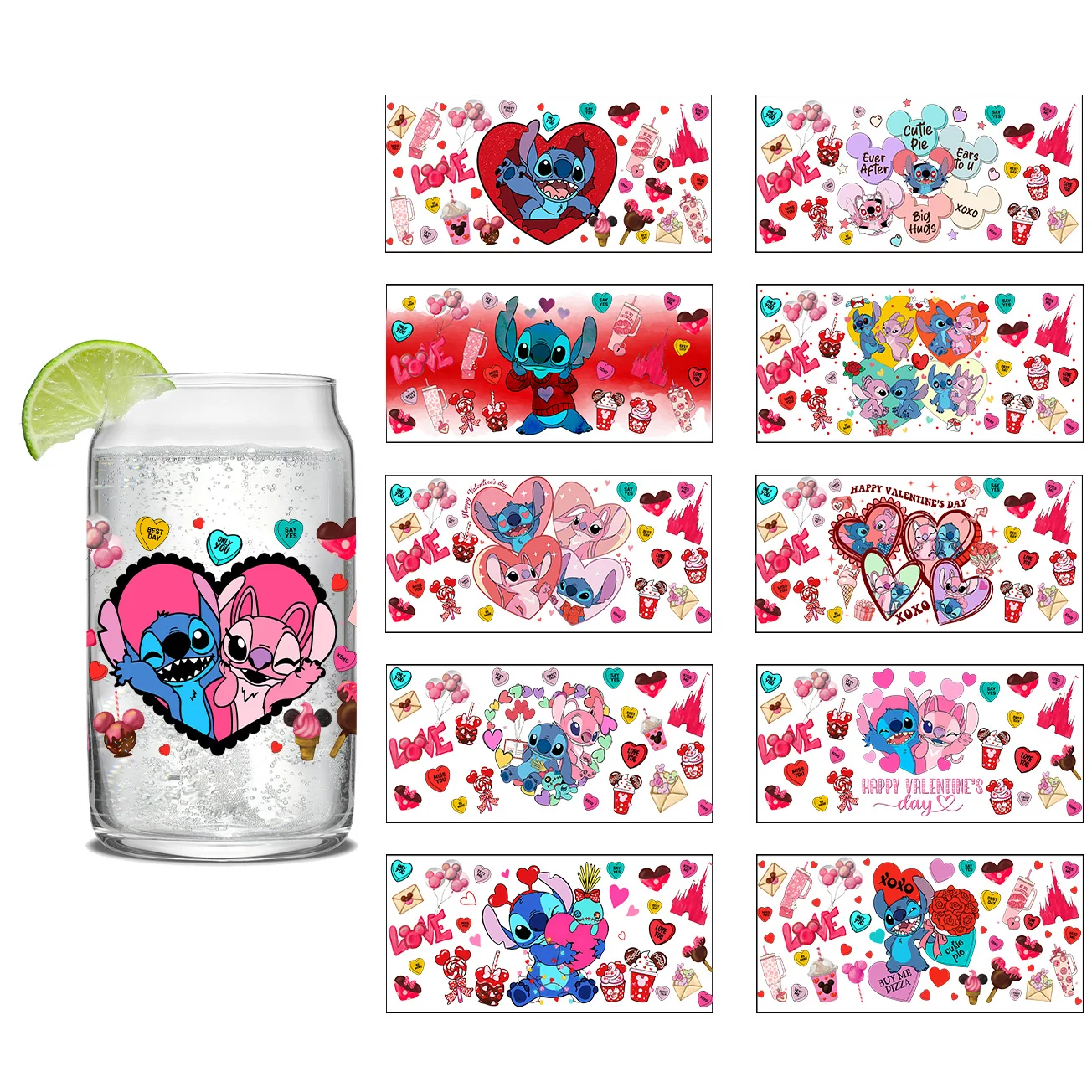 

Valentine's Day Stitch Easy peel waterproof DIY Decals 3D transfers uvdtf crystal stickers 16oz uv dtf tumbler cup wraps sticker