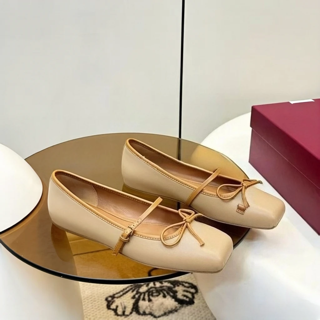 

2026 New Women's Square Toe Ballet Flats Metal Buckle Bowknot Single Strap Slip-On Shoes Elegant Office Party Dance Footwear