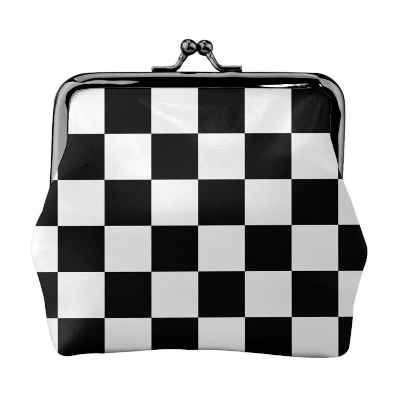 Black and White Checkered Leather Coin Purse Women Small Kiss-Lock Change Pouch Clasp Closure Portable Buckle Wallet