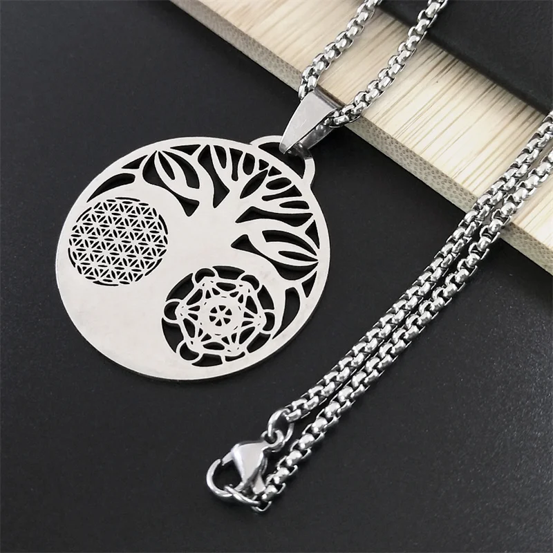 Yoga Flower of Life Buddhist Amulet Necklace Stainless Steel Spiritual Medal Tree  of Life Necklace Jewelry fleur de vie N3091