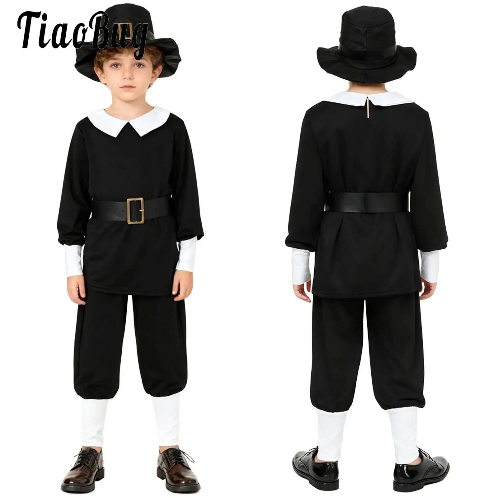 

Kids Boys Cosplay Colonial Costumes Outfit Black Color Outfit Dress Up Long Sleeve Top Pants and Hat Set for Stage Performance