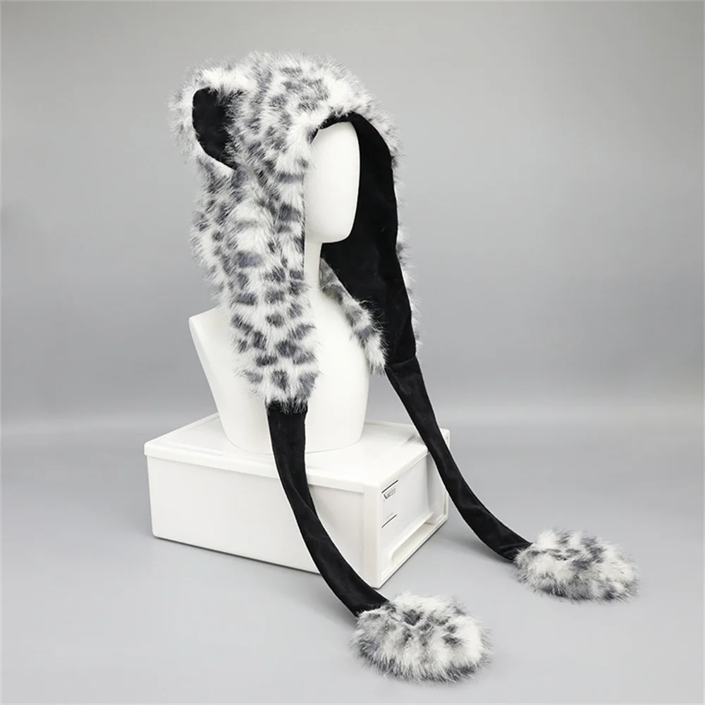 Autumn Winter Hats Handsome Snow Leopard Ears Warm Thick with Velvet Outdoor Ear Protection Hat Fluffy Cute Bear Ear Wool Hat