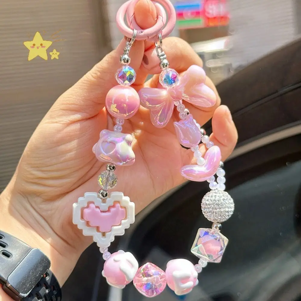 Acrylic Heart Shaped Beaded Crystal Beaded Pendant Key Ring Phone Lanyard Chain Bag Decor Pendant Colorful Hanging Ornament