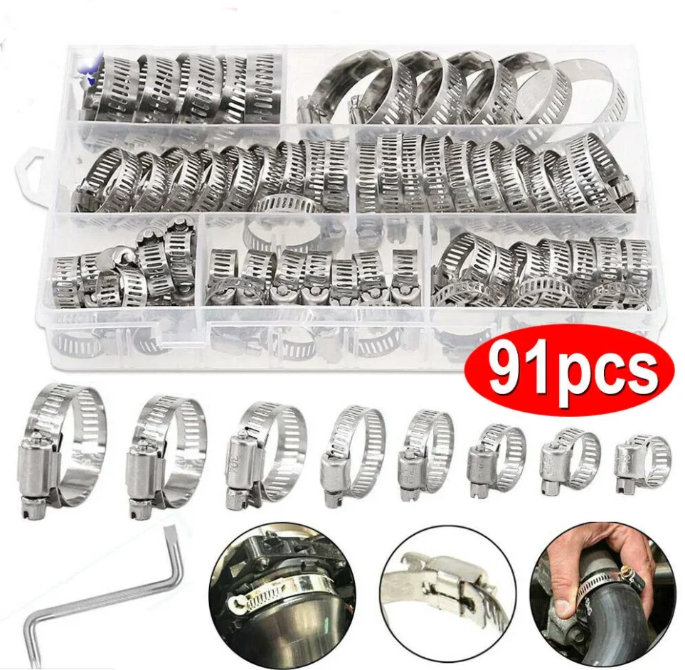 

91Pcs Hose Clamps Adjustable 8-44mm Diameter Clips Worm Gear Assortment Kit for Various Pipes Automotive Mechanical +Z wrench