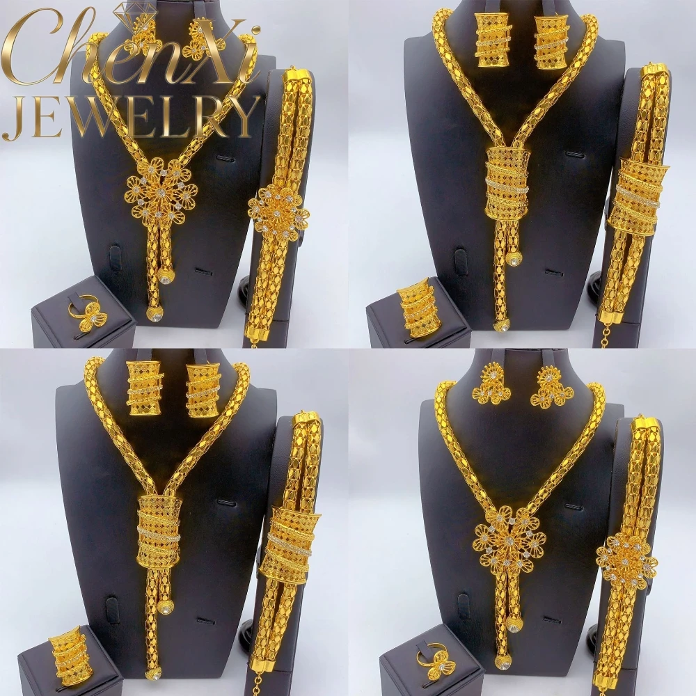 High-End Luxury Alluvial Gold Elegant Fashion Popular Jewelry Set Women Wedding Party Banquet Necklace Earrings Ring 4pcs Gift