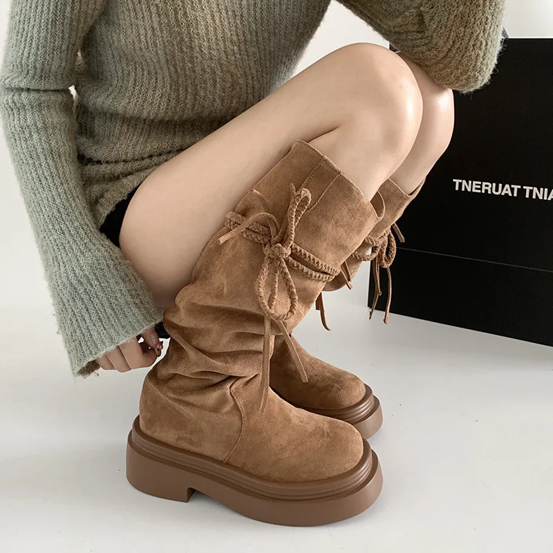 

Brown retro but knee thick-soled boots women's 2024 new spring and autumn Maillard height-increasing and thin knight boots