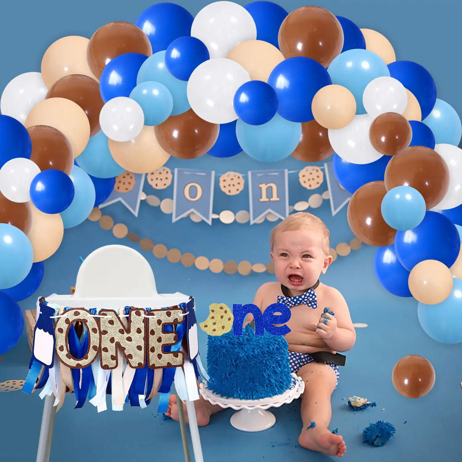 Blue Balloon Garland Cookies and Milk Theme Decorations, High Chair Banner, Cake Topper for Boys, 1st Birthday