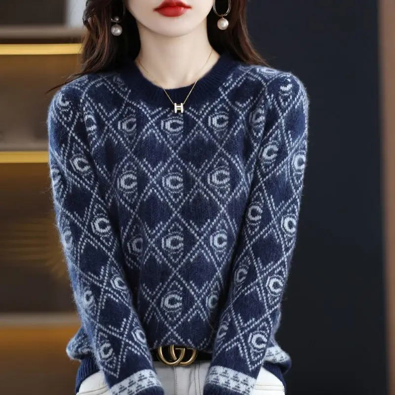 

Women's High-end Jacquard Wool Sweater Autumn Winter New Round Neck Knit Top Fashionable Casual Loose Vintage Jumper