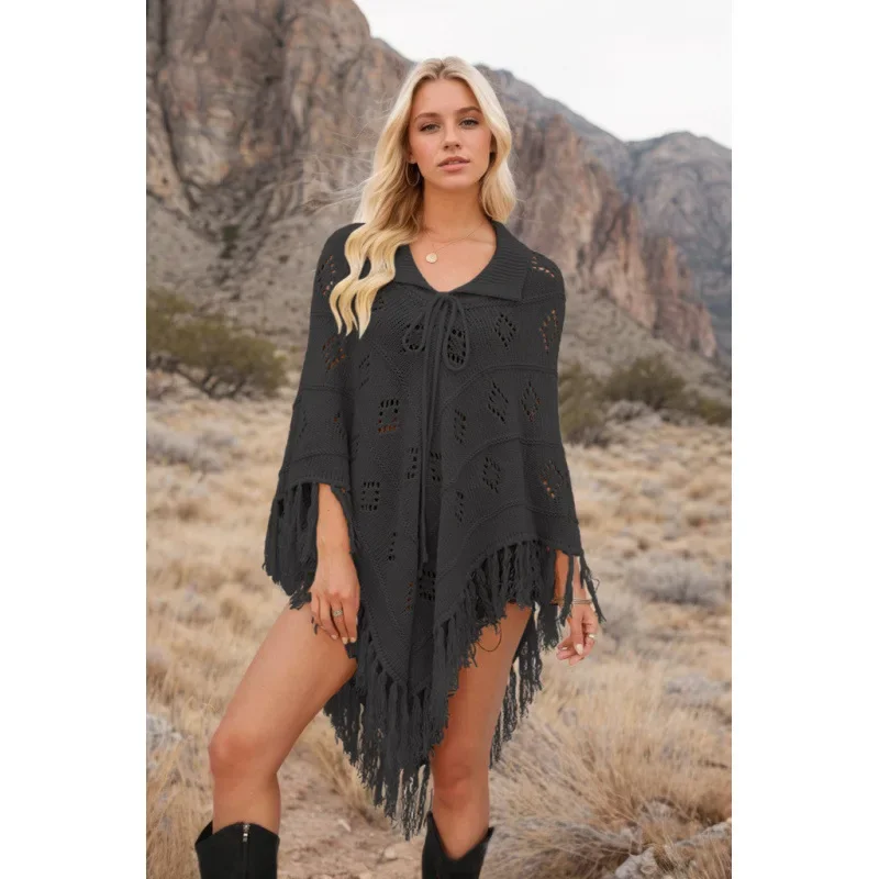 جديد الخريف والشتاء عبر الحدود الملابس النسائية الأوروبية والأمريكية شال أنيق شرابة محبوك 2025 #6