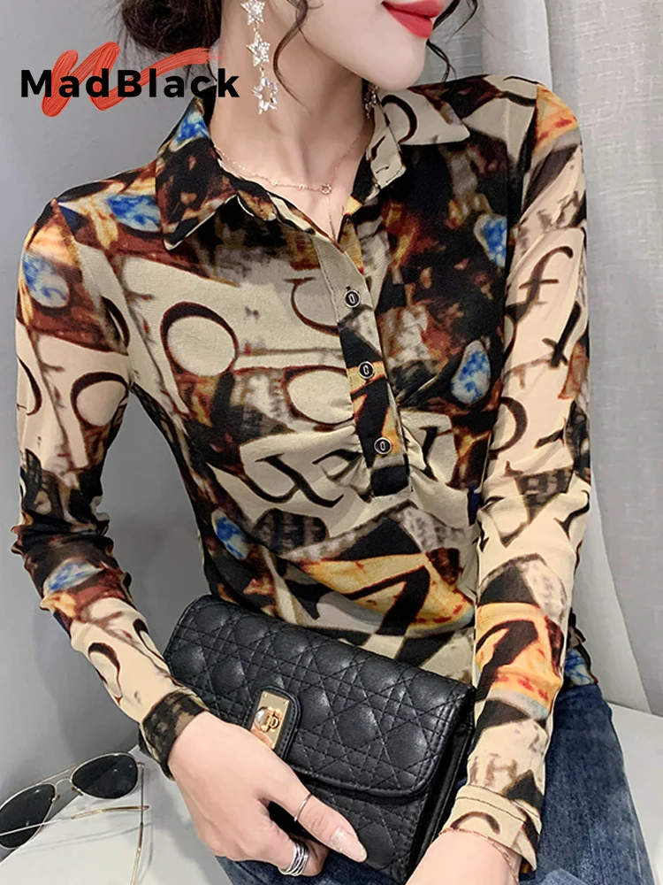 

MadBlack-Women's European Shirt, Sexy Polo-Neck Print Button Top, Vintage Long Sleeve Slim Mesh Blouse, 2025 Spring New T51207CC