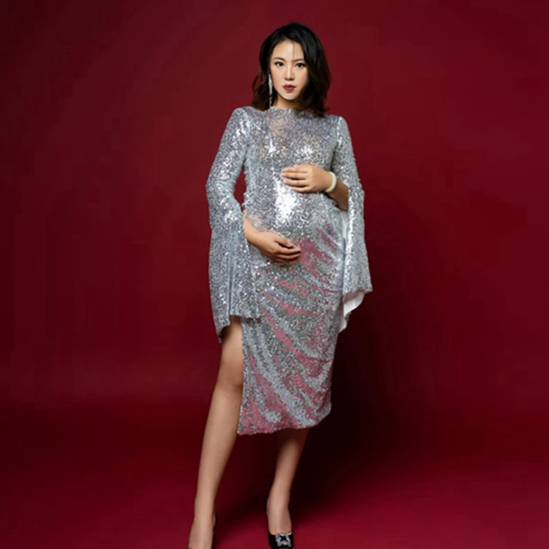 

Fashion Sequined Mid-Calf Maternity Dress Pretty Flare Sleeves O Neck Pregnant Women Dresses Side Split Photography Gowns