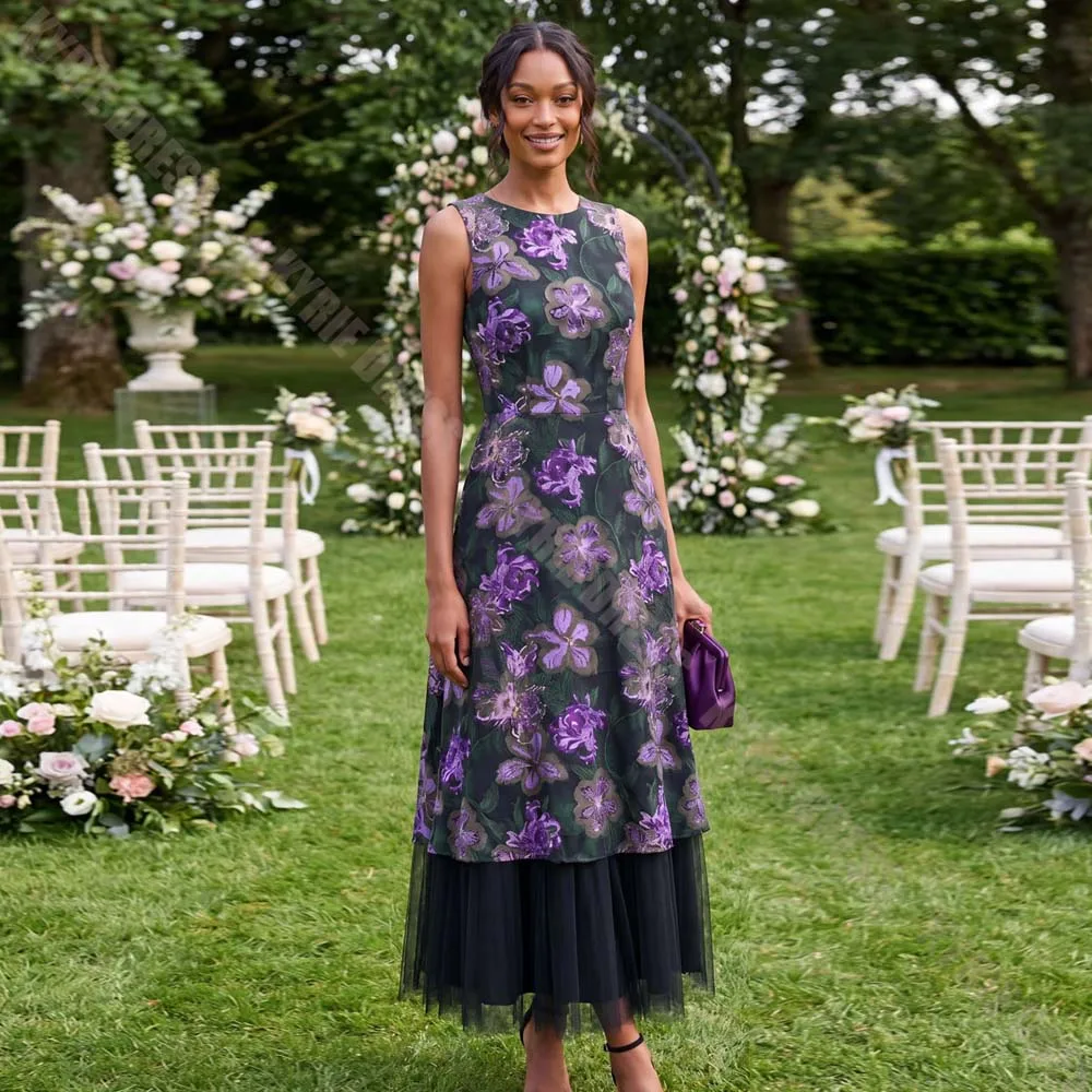Customized Mother of The Bride Dress Fashion Scoop Neck Sleeveless Floral Print Wedding Guest Gown Party Women's Evening Dresses
