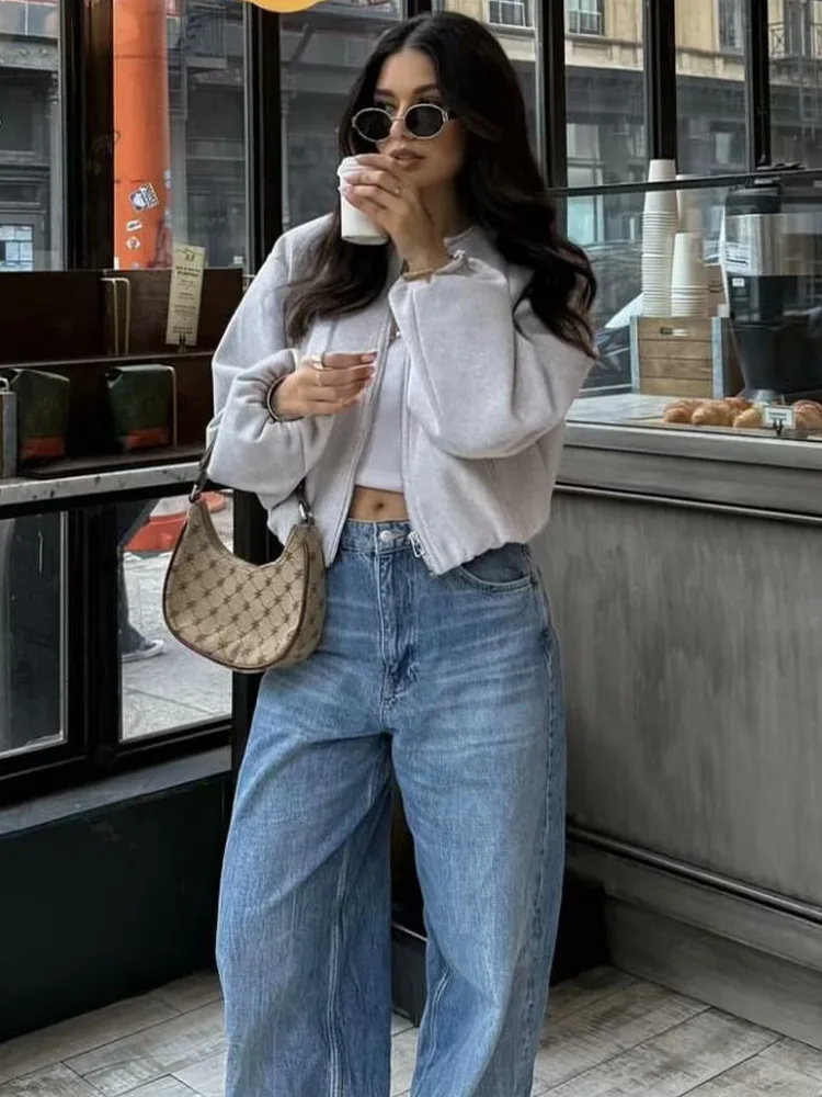 Gray Women Loose Bomber Jacket Vintage Round Neck Long Sleeve Short Coat High Street Autumn Winter Female Coat New In Outerwear