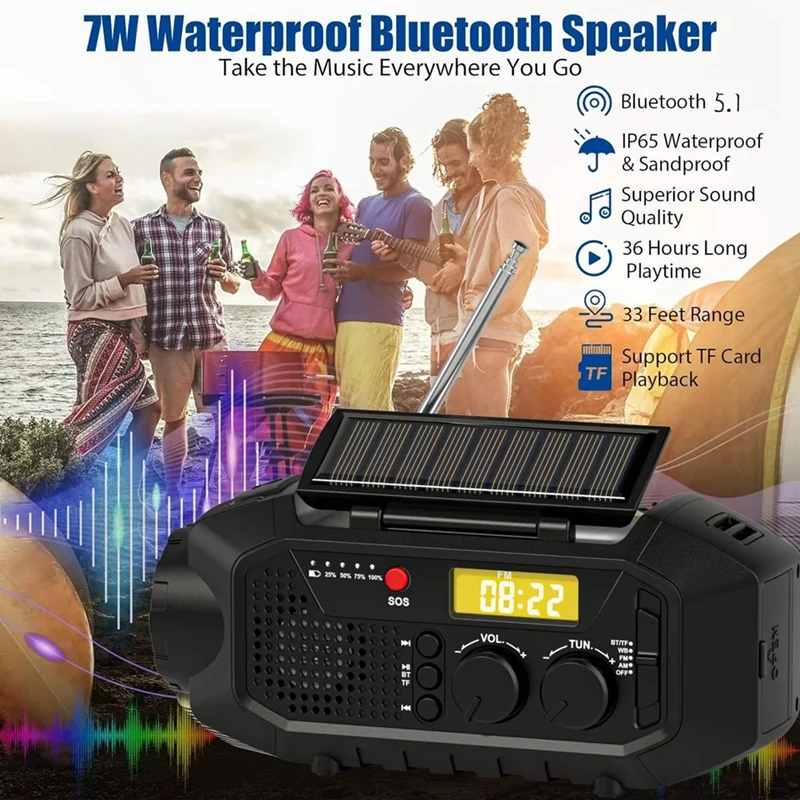 Radio d'urgence avec haut-parleur Bluetooth, radio portable à manivelle solaire, radio AM et FM pour la survie, chargeur USB, alarme SOS, lampe de lecture