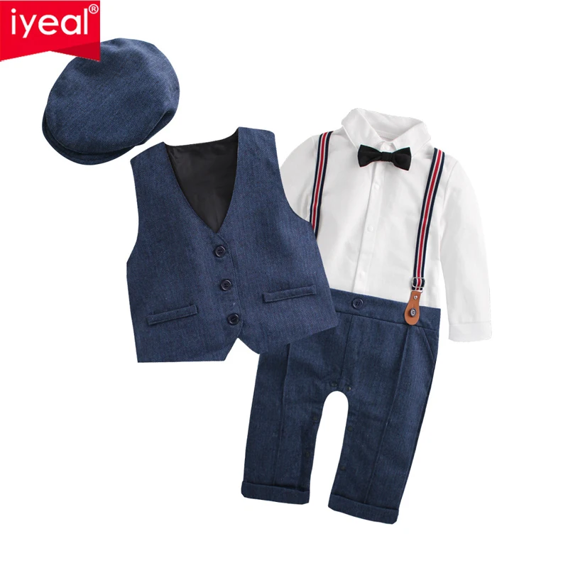 IYEAL Fashion Baby Clothes Set Fake Two Pieces Rompers + Vest + Hat Gentleman Kids Baby Boy Clothing Suit For Wedding Party