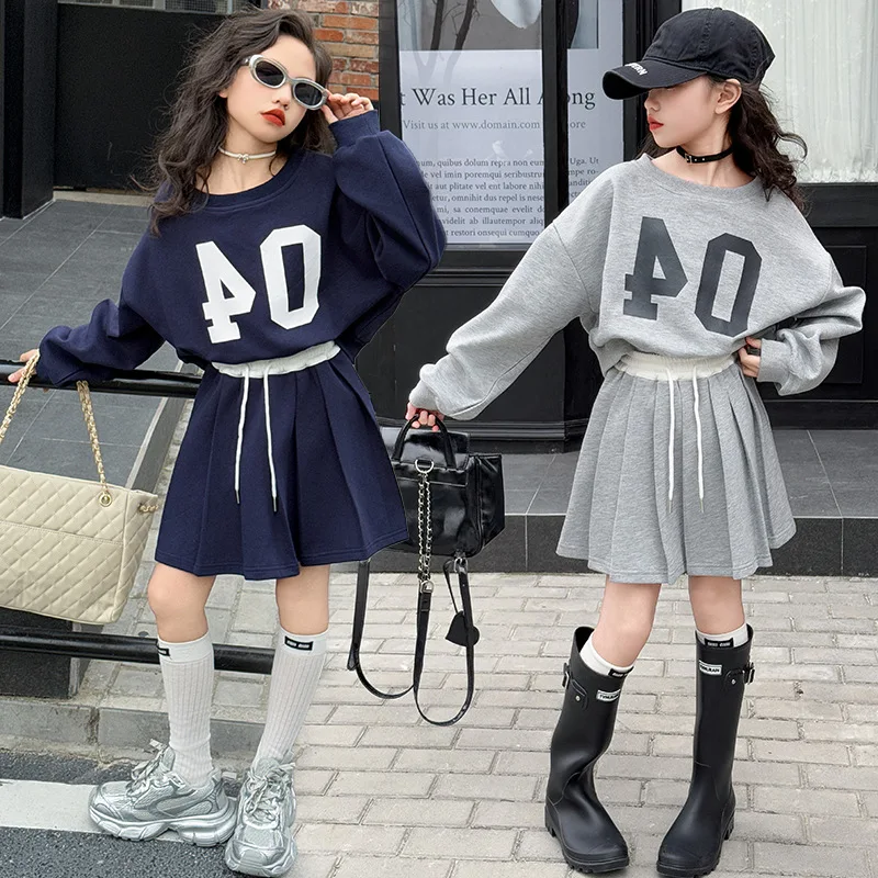 

Teenage Girls Set Spring/Autumn New Letter Sweatshirt and Pleated Skirt 2PCS Kids Sport Suits Casual Children Clothes Tracksuits