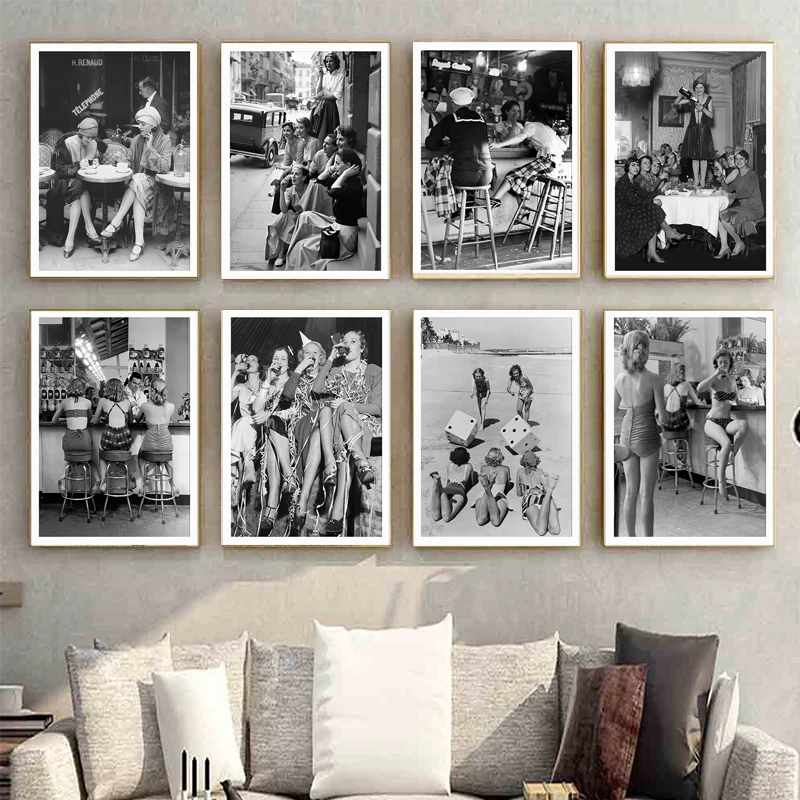 French Women Drinking Coffee At Cafe Wall Art Retro Women Fashion Black and White Print canvas Retro Wall Bedoom Decoration