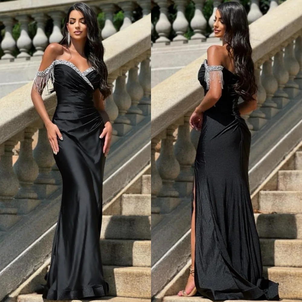 

Customized Modern Style Matching Charmeuse Rhinestone Beading Mermaid Off-the-shoulder Long Dresses Bespoke Occasion Dresses