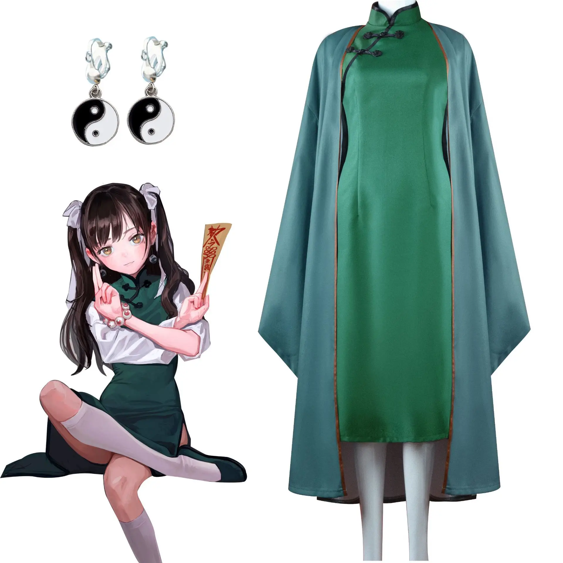 

Anime Cosplay Costume Women Girls Ancient Customs Green Cheongsam The Republic of China Halloween Priest Role Play Wig Full Suit