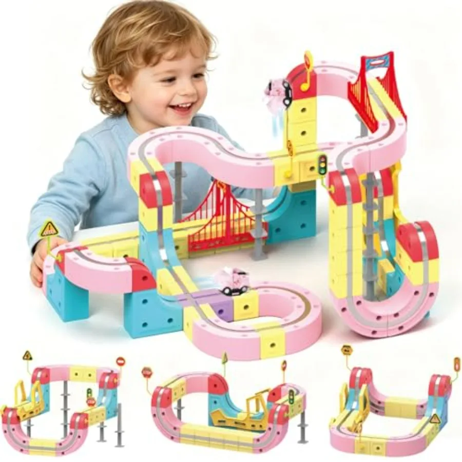 

Electric Train Set for,115PCS Pink Anti-Gravity 3D Race Track with LED Light-Up Motorized Car, Magnetic Modular Building Kit, S