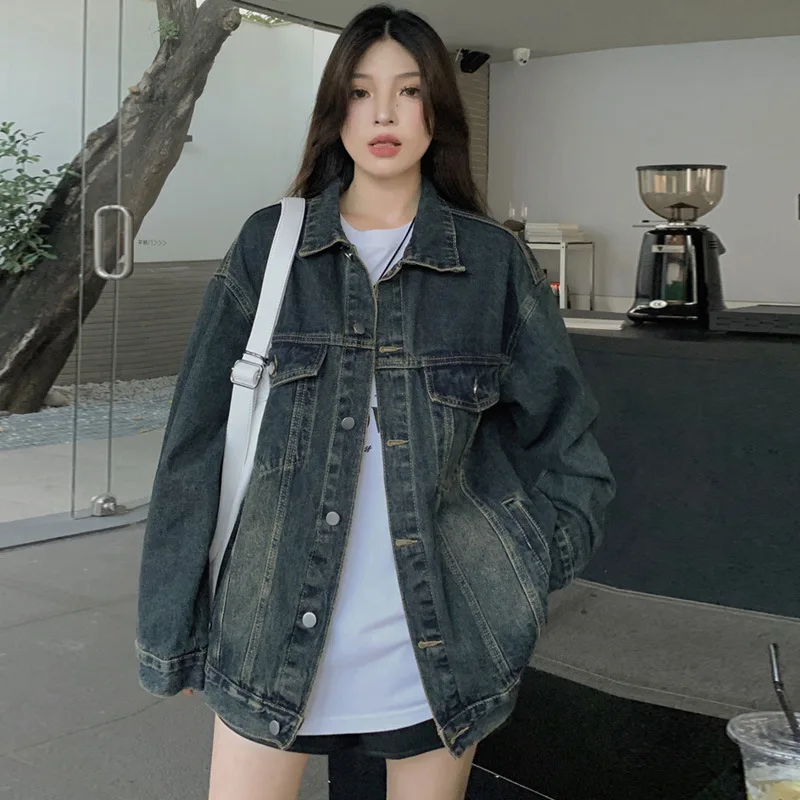 Women's Dark Vintage Washed Denim Jacket, Oversized Loose Fit Jean Coat, Casual Streetwear Trucker Outerwear