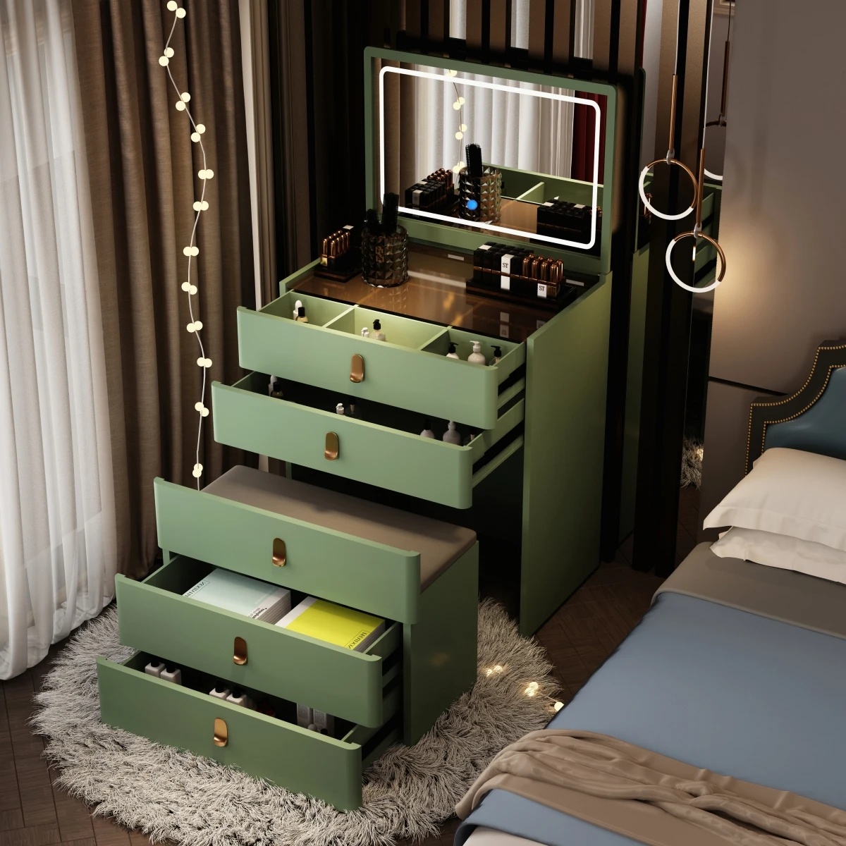 Flip over bedside table,dressing table,bedroom,simple,modern,light luxury master bedroom,makeup table, small cabinet, all in one