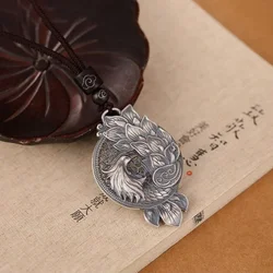 Ethnic Style Thai Silver 925 Vintage Hollow Out Pendant Hanging Long Classic Phoenix Necklace Clavicle Chain Banquet Jewelry
