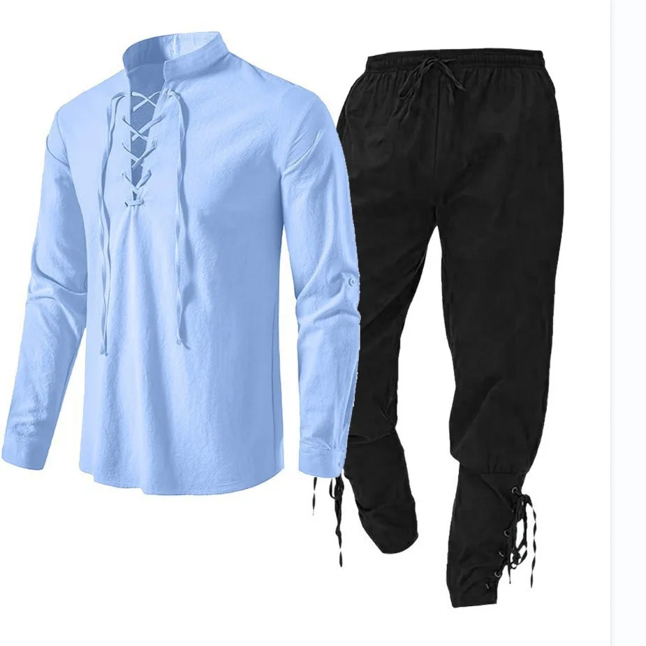 

Men's Cotton Linen Shirt Long Sleeve Beach Henry Collar Two Piece Set Casual Solid Color Summer Outfit 2026 New Fashion