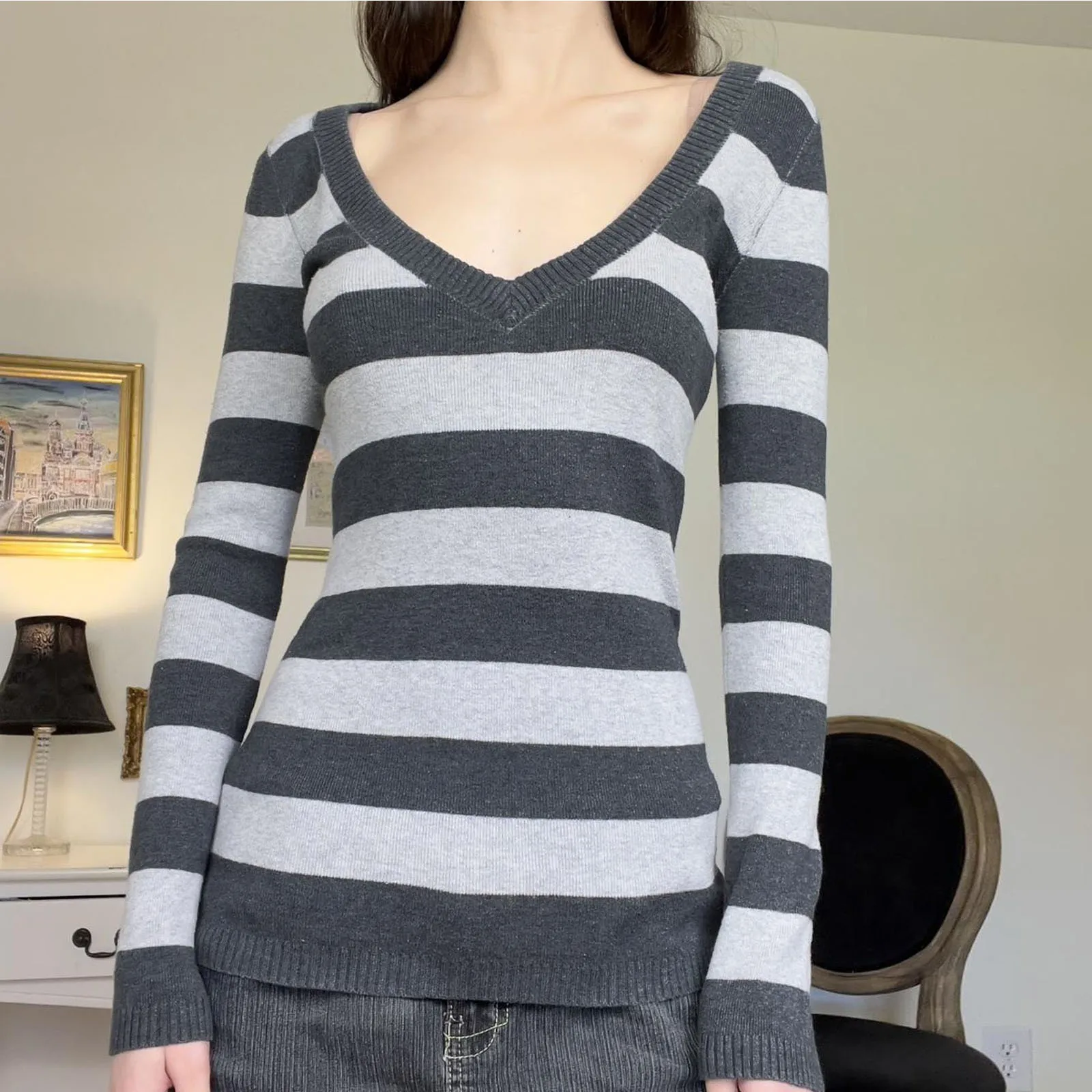 

Y2k Striped Knitted Crop Top Fairy Grunge Aesthetic Women Fall Winter V Neck Full Sleeve T Shirt Vintage Harajuku 2000s Clothes