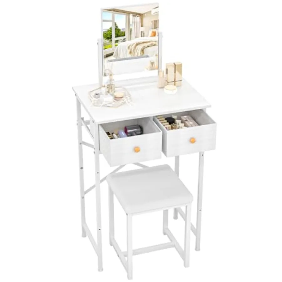 

Small Makeup Vanity Desk with Mirror and Chair, Mini Vanity Desk Table Set with Fabric Storage Drawer, 19.7" Compact Vanity Des