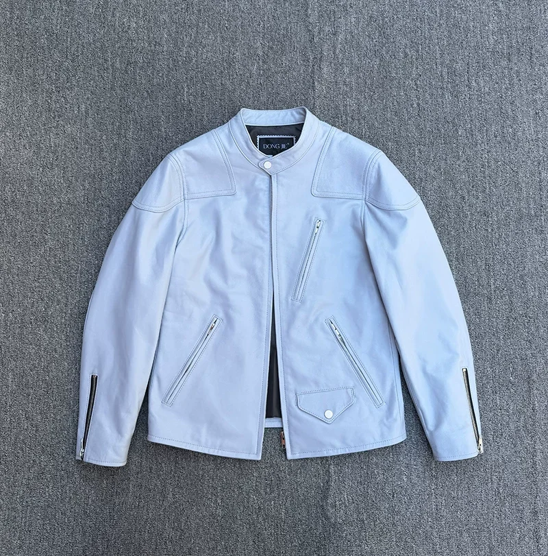 Light blue venom imported first-layer sheepskin genuine leather jacket men's stand-up collar motorcycle leather jacket large siz