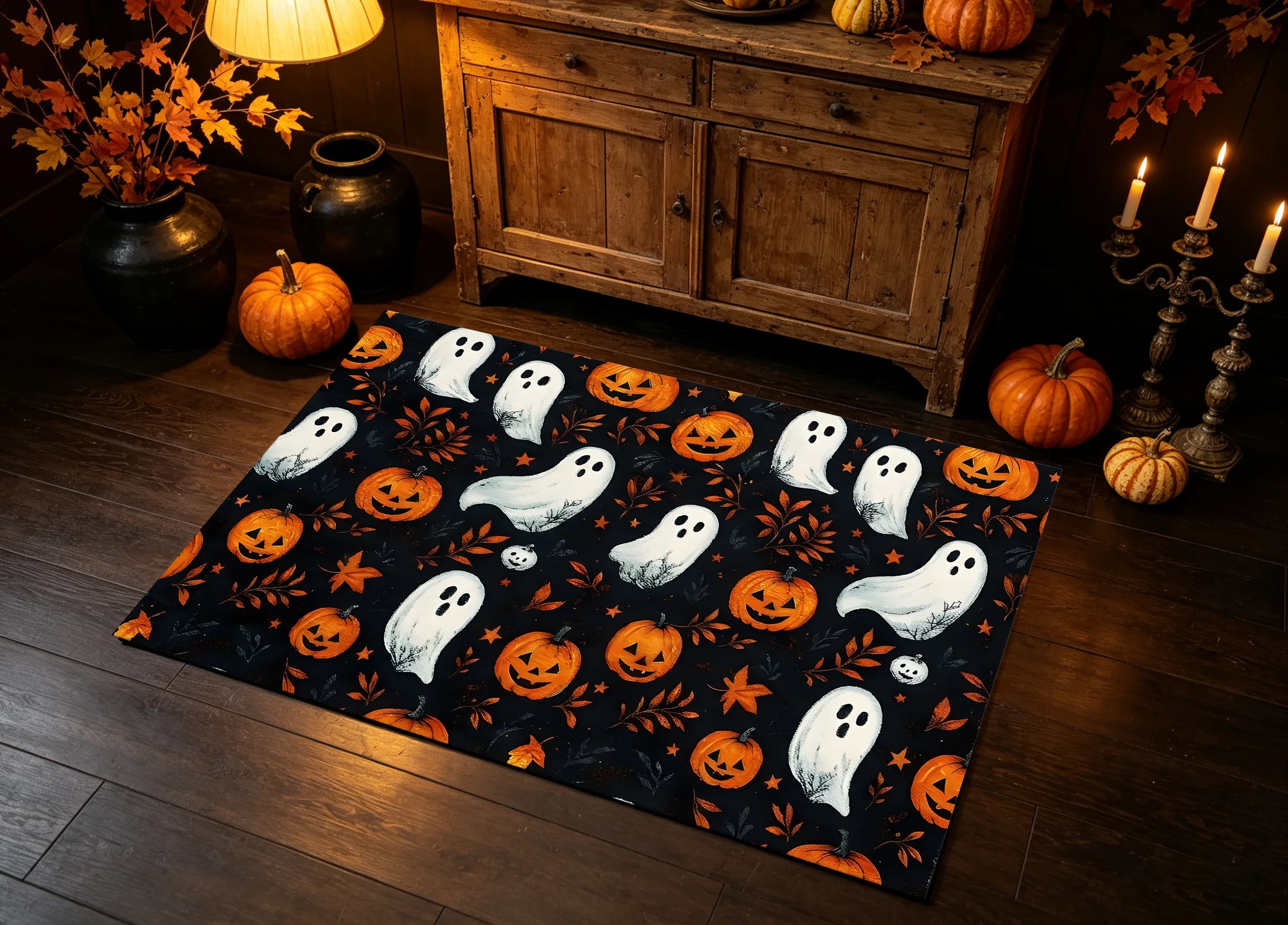 2D Velvet Rug Black & Orange Ghost Pumpkin, Halloween Theme, Soft & Plush to the Touch, Perfect for Living Room